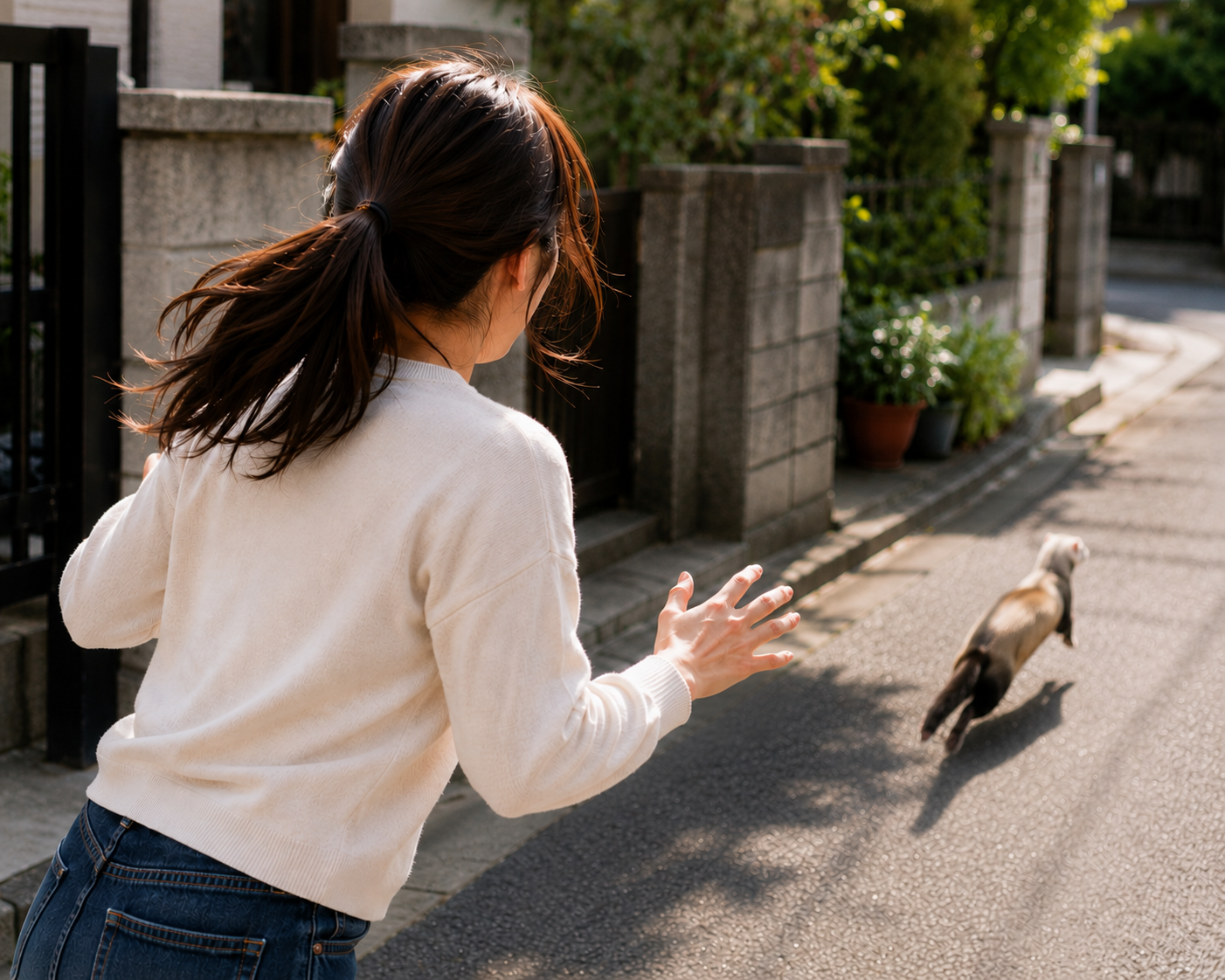 フェレットが逃げて追いかける女性
