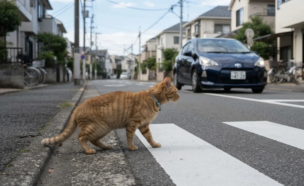脱走した飼い猫が、神奈川の車道を渡ろうとし、事故に巻き込まれそうになっている瞬間
