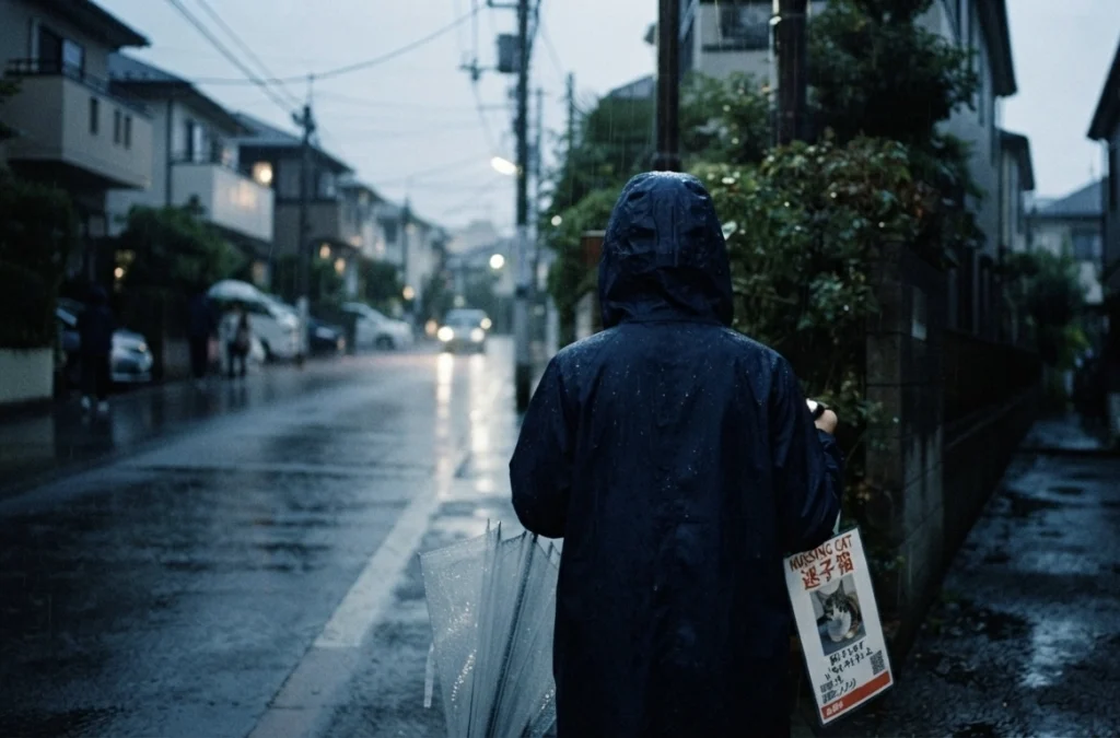 雨の中、迷子になった猫を探す女性の様子