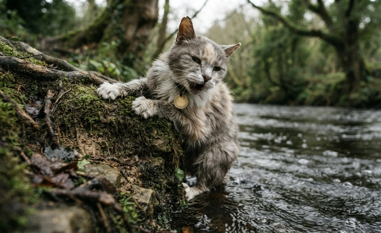 高齢の猫が川に落ちそうになっている様子