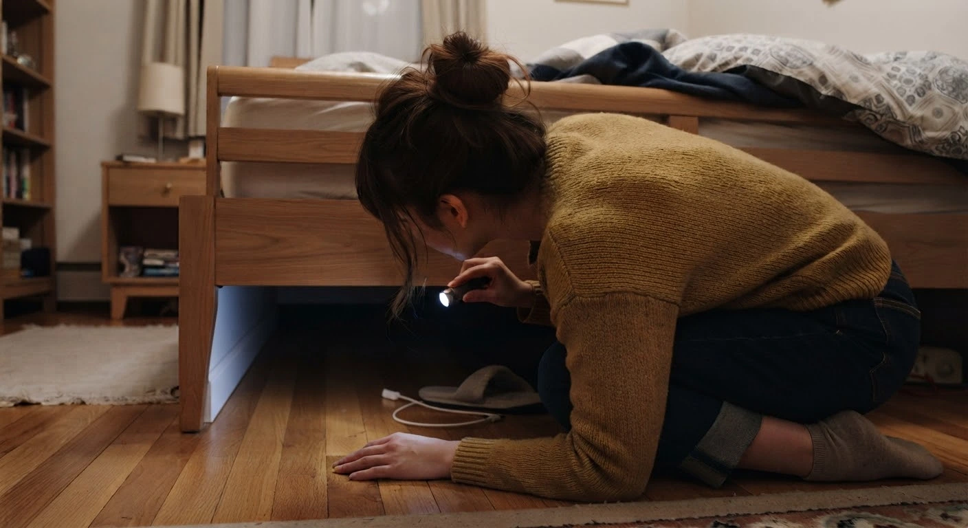 逃げたハムスターを探すためベッドの下を覗く女性